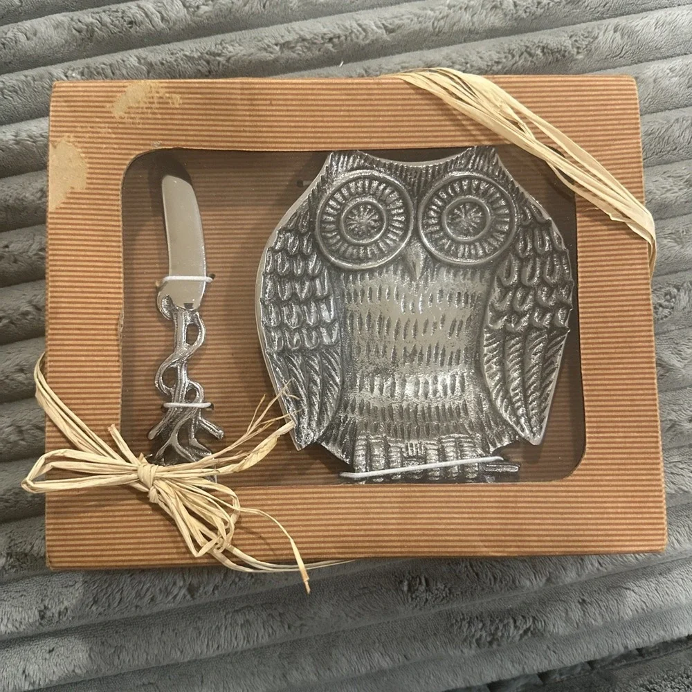 Star Home Owl Dip Dish Set w Spreader Silver Metal Kitchen Gift‎ Decor Farmhouse
